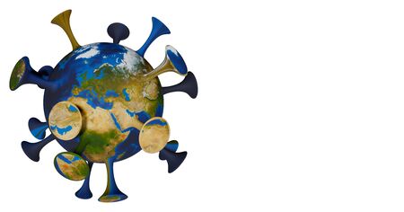 Covid-19 coronavirus, virus that causes acute respiratory infections and the common cold, Sars-CoV-2 background with copy space (3d microbiology render banner)の写真素材