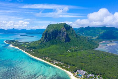 Aerial view of Le Morne Brabant .Coral reef of the island of Mauritius. panorama underwater waterfallの写真素材