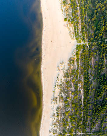 Aerial view transparent turquoise sea in Baltic Sea.Summer seascapel, beach, beautiful waves, blue water at sunset. Top view from droneの写真素材