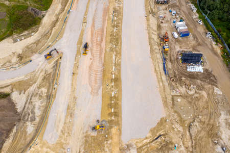 aerial top view of road construction site. building of new city highway. drone image. new road...