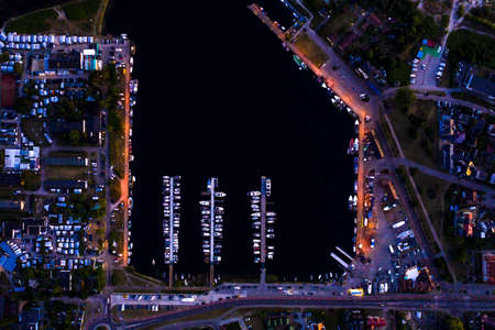 Beautiful Night color sky, sunset by the Baltic Sea, Jastarnia, Poland. Harbor. Aerial Viewの写真素材