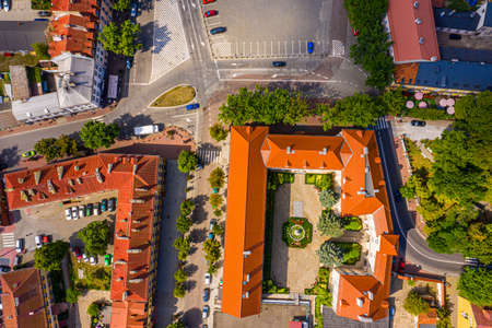 Landscape of the old town from the air with the visible. View on historic buildings on the market. Lowicz, Poland Aerialの写真素材