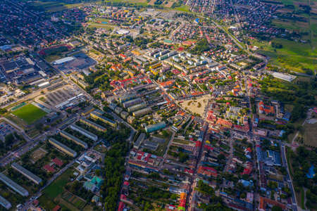 Landscape of the old town from the air with the visible. View on historic buildings on the market. Lowicz, Poland Aerialの写真素材