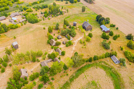 Maurzyce wooden architecture heritage park, antique building in open air museum. Aerial Lowicz,...
