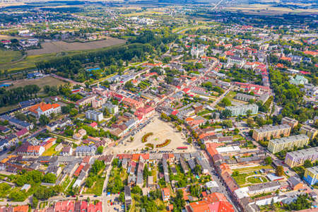Landscape of the old town from the air with the visible. View on historic buildings on the market....