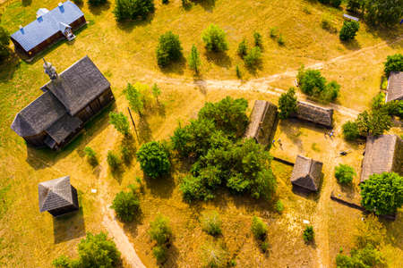 Maurzyce wooden architecture heritage park, antique building in open air museum. Lowicz, Polandの写真素材