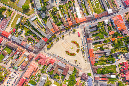 Landscape of the old town from the air with the visible. View on historic buildings on the market. Lowicz, Poland Aerialの写真素材