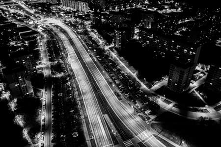 View from above of the roofs of contemporary block of flats. Ulyanovsk residential district at nigh. Black and whiteの写真素材
