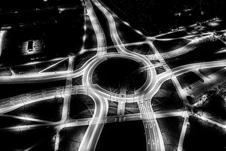 Aerial top view of Modern transportation with Expressway, Road and Roundabout, Road traffic, multilevel junction highway-Top view in asia. Important infrastructure for transport. Black and whiteの写真素材