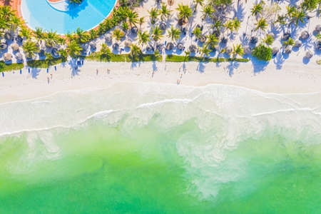 Aerial view of tropical sandy beach with palms and umbrellas at sunny day. Summer holiday on Indian...