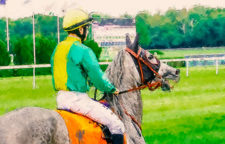 Jockeys on his horse finish line in race course. Paintingの写真素材