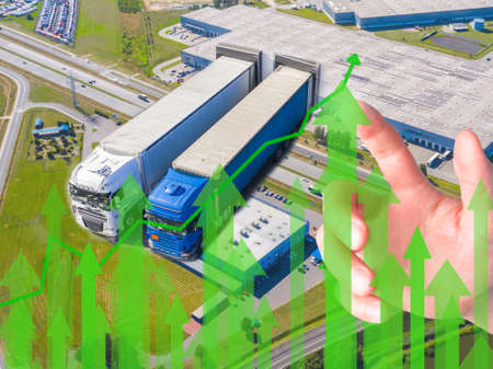 Growth the business of transport networks, logistics and distribution. Industrial cargo freight trucks that export and import products worldwide.の写真素材