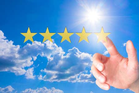 Review, increase rating or ranking, evaluation and classification concept. Businessman pointing on...