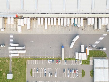 Aerial view of the distribution center, drone photography of the industrial logistic zone.の写真素材