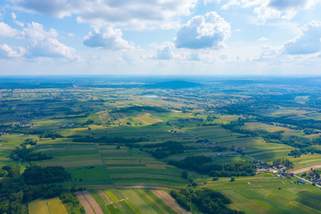 Aerial view on green and yellow parts of fields and countrysideの写真素材