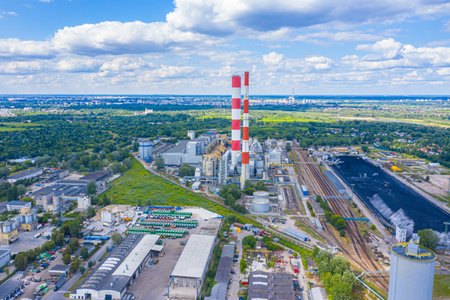 Aerial View Of Large Chimneys From The Coal Power Plant In Poland - Ecology conceptの写真素材