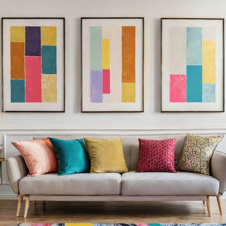 Light gray sofa with colorful multicolored pillows against wall with art poster frames. Pop art, scandinavian home interior design of modern living roomの写真素材
