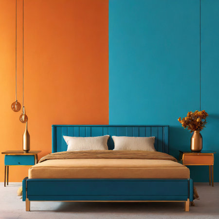 Bed and bench against orange and blue wall with copy space. Art deco interior design of modern bedroom.の写真素材
