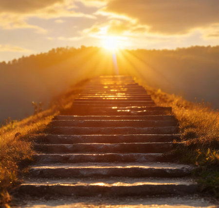 Stone stairs with wooden railing in the mountains at sunset. Landscape with mountain path and rocks...