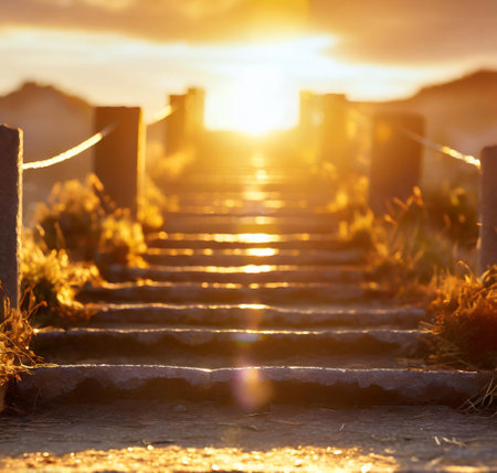 Stone stairs with wooden railing in the mountains at sunset. Landscape with mountain path and rocks...