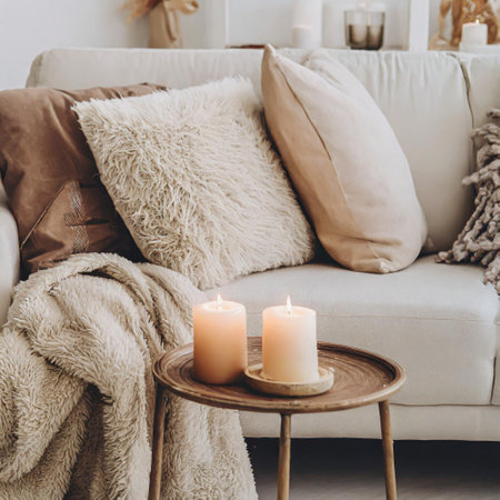 Burning candles on coffee table near sofa with gray sheepskin blanket. Cozy reading nook. Scandinavian farmhouse, hygge home interior design of modern living room. Warm and inviting fall atmosphere.の素材