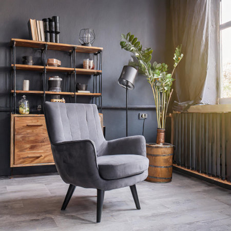 Gray barrel chair against of window and wooden shelving unit and cabinet on dark wall. Scandinavian style interior design of modern living roomの素材