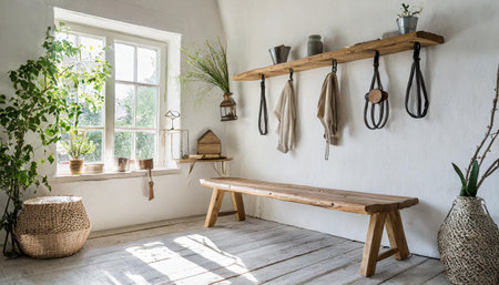 Hook wall mounted coat rack above wooden bench. Rustic country, farmhouse interior design of modern entryway.の素材