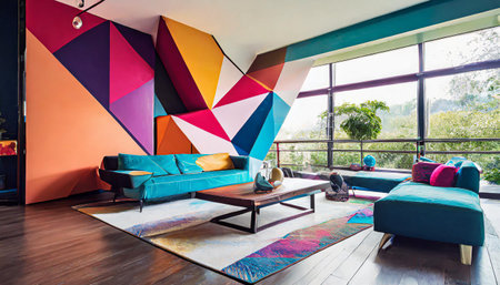 Suprematism style interior design of modern living room with abstract geometric colorful shapesの素材