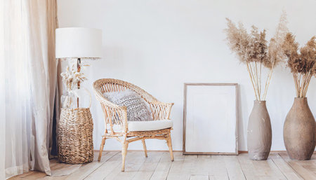 Wicker chair and floor vases near white wall with blank mockup poster frame. Boho interior design of modern living roomの素材