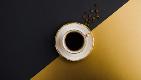 Cup of coffee on gold black background. Minimalistic flat lay. Top view.の素材