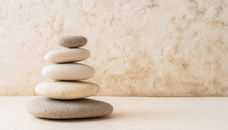 Spa, balance, meditation and zen minimal modern concept. Stack of stone pebbles against beige wall for design and presentation.の素材