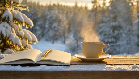 Cup of coffee, opened notebook and pencil on wooden table against winter forest snowy background. Composition for Christmas planning.の素材