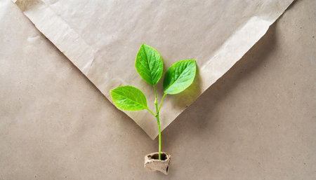 Eco, zero waste, plastic free and saving energy minimal concept from sprout with green leaves growing from recycled craft paper top view.の素材