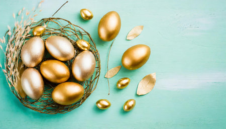 Festive easter background with painted golden decoration on easter eggs on beautiful turquoise table. Top view and fashion flat lay style.の素材