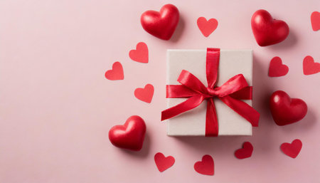 Valentine or mother day festive composition with gift or present box and red hearts on pastel pink background top view. Flat lay greeting card.の素材