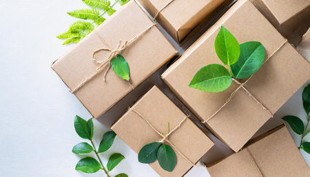 Heap of cardboard boxes from natural recyclable materials with green leaves sprout top view. Responsible consumption, eco-friendly packaging, zero waste conceptの素材