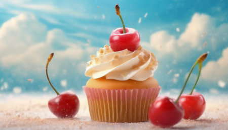 Sweet cupcake decorated cherry berry against fantasy sky background for birthday concept.の素材