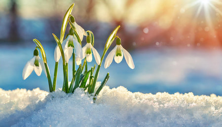 Snowdrop flowers growing in snowdrift in early spring. Beautiful springtime nature background.の素材