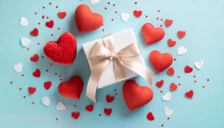 Valentine or mother day festive composition with gift or present box and red hearts on pastel background top view. Flat lay greeting card.の素材