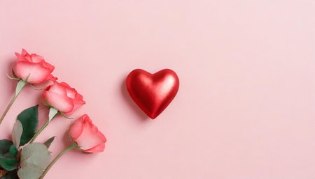 Valentine day background with shiny red heart on pink table top view. Minimalistic greeting card.の素材