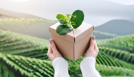 Woman hands holding cardbox from natural recyclable materials with green leaves sprout from above. Responsible consumption, eco-friendly packaging, zero waste concept.の素材