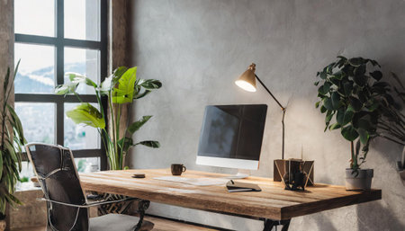 Workplace with computer, coffee cup and plant on wooden table in modern officeの素材