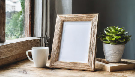 Blank photo frame with coffee cup on wooden table, stock photoの素材