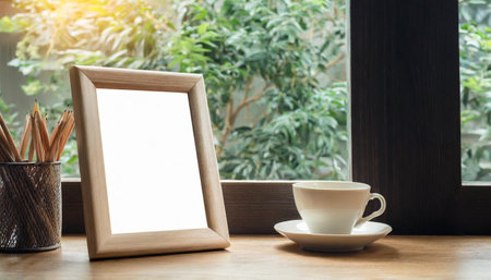 Blank picture frame and coffee cup on wooden table in coffee shopの素材