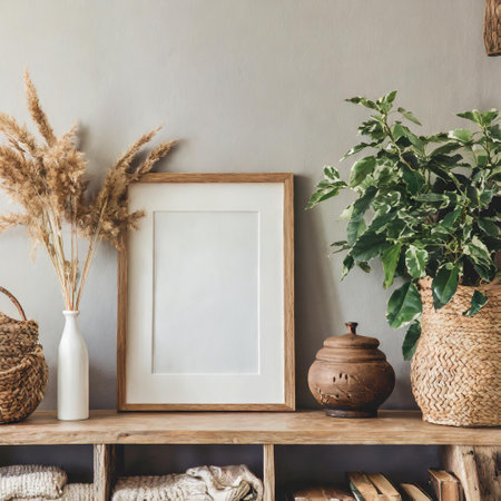 Interior of cozy living room with mock up frame, plants, books and accessories.の素材
