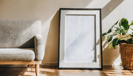 Blank picture frame mockup in living room interior - Vintage Light Filterの素材