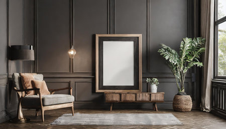 Mock up poster frame in classic interior with armchair, lamp and plants. 3d renderの素材