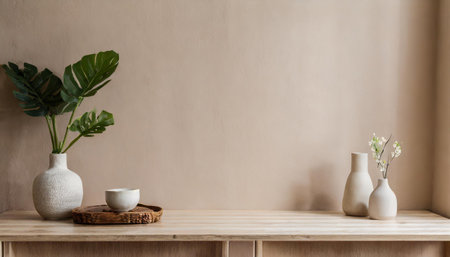 Ceramic vase and coffee cup on wooden shelf in living roomの素材
