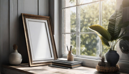 Blank picture frame, books and plant in vase on wooden windowsillの素材