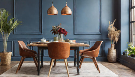 Interior of modern dining room with wooden furniture, table and chairsの素材